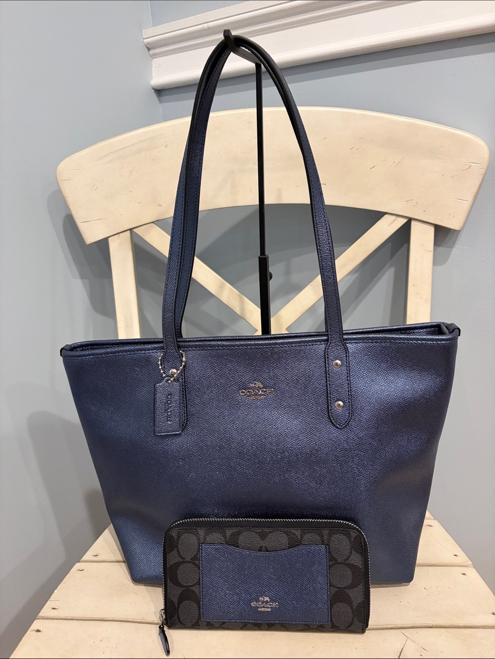 Coach Metallic Navy Saffiano Tote with Matching Wallet
